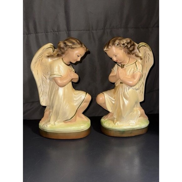 Christmas Angels Kneeing Set Nativity Figurines 1950 Solid Plaster Painted CHIPS - Picture 4 of 16